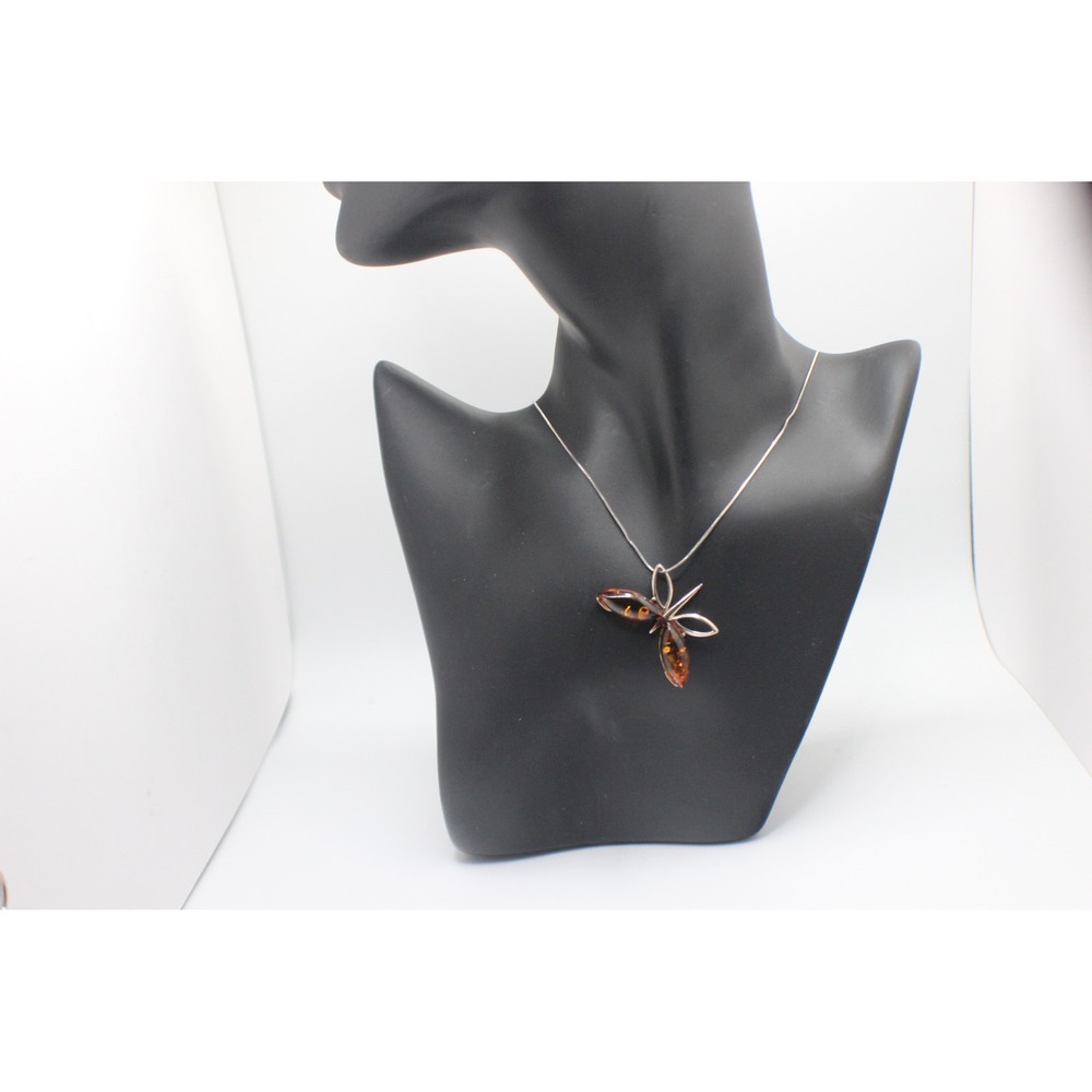 Sterling Silver 925 Baltic Amber Dragonfly Pendant Necklace 18 Inch Snake Chain